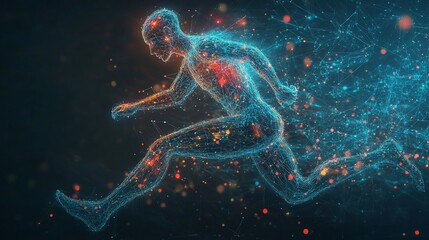 Poster - A digital representation of a running figure made of glowing particles.