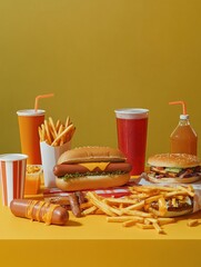 Poster - A vibrant assortment of fast food items is spread out on a yellow table, including delicious fries, colorful hot dogs, and refreshing soft drinks. Generative AI