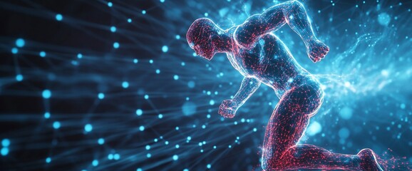 Poster - A digital representation of a running figure surrounded by glowing particles.