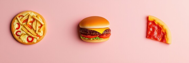Poster - Silhouettes of burgers, pizza slices, and fries are displayed on a soft pink background, showcasing vibrant colors and fun shapes. Generative AI