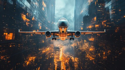 Poster - A dramatic airplane flying through a futuristic cityscape with glowing effects.
