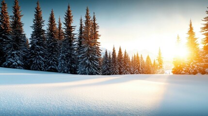 Wall Mural - Breathtaking Winter Wonderland Landscape with Snowy Forest and Majestic Mountain Backdrop at Sunset  Peaceful and Serene Scenic View of Frozen Nature in Cold Season