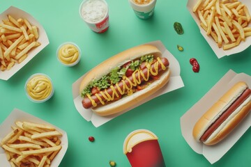 Poster - A table is filled with assorted fast food items like fries, hot dogs garnished with veggies, and refreshing soft drinks during a casual meal. Generative AI