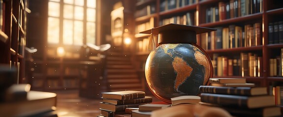 Poster - A globe on books in a library, symbolizing education and knowledge.