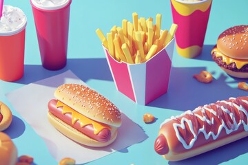 Poster - A vibrant tabletop displays a variety of fast food items including crispy fries, hot dogs with toppings, and refreshing soft drinks, ready to enjoy. Generative AI