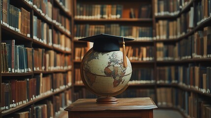 Poster - A globe with a graduation cap in a library filled with books.