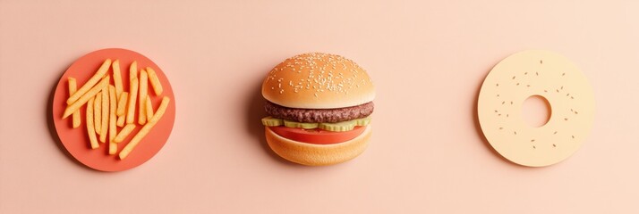 Poster - Silhouettes of burgers, pizza, and fries in a pastel background form a fun and creative food display. Generative AI
