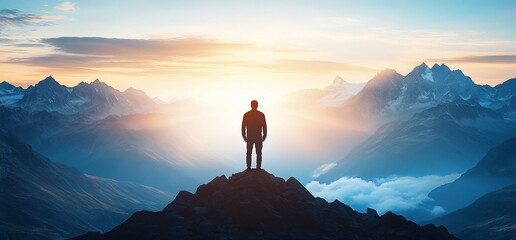 Poster - A silhouetted figure stands on a mountain peak at sunrise, embracing nature's beauty.