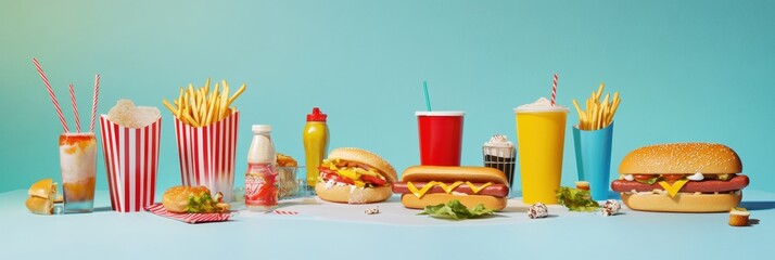 Poster - Various fast food delights are displayed on a table, featuring fries, hot dogs, and colorful soft drinks in playful containers. Generative AI