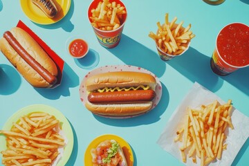 Poster - A vibrant table displays a variety of fast food items including hot dogs, crispy fries, fresh salsa, and soft drinks in bright cups. Generative AI