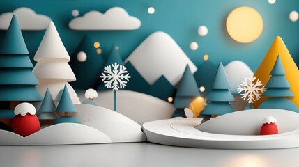 Wall Mural - Enchanting winter landscape featuring snow capped mountains dense evergreen forests a glowing moon in the night sky and swirling snowflakes  This digital evokes a serene magical