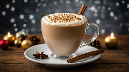 Wall Mural - chai tea latte served on a wooden table with Christmas theme