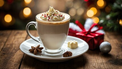 Wall Mural - white chocolate mocha served on a wooden table with Christmas theme