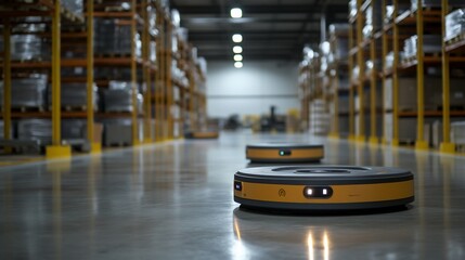 Poster - Two autonomous robots navigating a warehouse floor for inventory management.