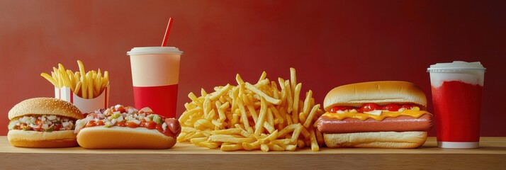Poster - A table displays an array of fast food including crispy fries, colorful hot dogs, and refreshing soft drinks, inviting indulgence. Generative AI