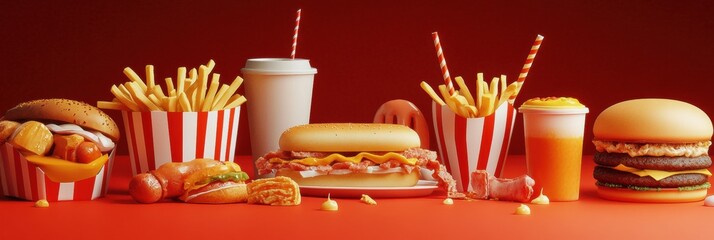 Poster - A colorful assortment of fast food items, including fries, burgers, and drinks, arranged neatly on a table with a vibrant backdrop. Generative AI