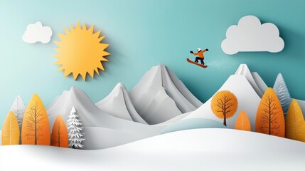 Wall Mural - Majestic snowy mountain peaks rising above a serene snow covered landscape with a lone snowboarder mid jump against a backdrop of fluffy clouds and a bright sun