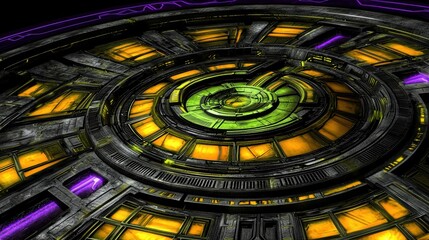 Poster - Futuristic Circular Mechanism with Neon Lights and Industrial Texture