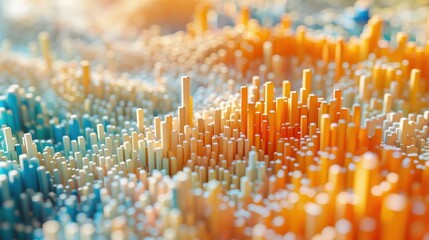 Poster - Big data visualization featuring growing bars representing information analysis, set against a warm colored background with a softly blurred foreground, highlighting progress and innovation