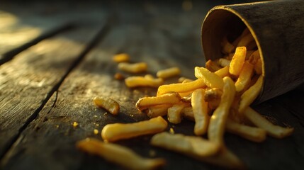 Poster - Fries are pouring out of a cup onto a weathered wooden surface, capturing a tempting and casual snack experience in warm light. Generative AI