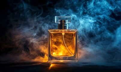 Poster - A perfume bottle surrounded by colorful smoke, highlighting its elegance.