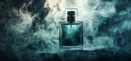 Poster - A stylish perfume bottle surrounded by mist, emphasizing elegance and allure.