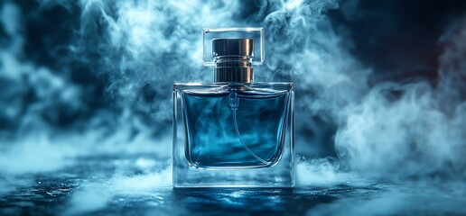 Poster - A stylish perfume bottle surrounded by mist, emphasizing elegance and allure.