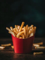 Poster - Crispy golden fries piled in a red cup, resting on a rustic wooden table, highlighting their delicious texture and appeal. Generative AI