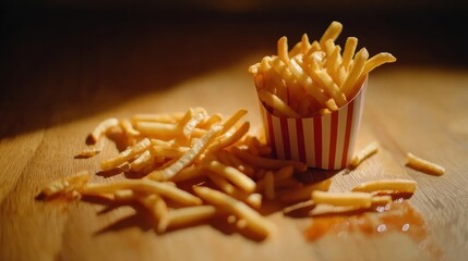 Poster - Crispy golden fries are tipped over from a small cup onto a wooden table, creating a casual atmosphere perfect for snacking. Generative AI