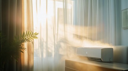 Poster - Air conditioner emitting mist in a sunlit room with curtains and a plant.
