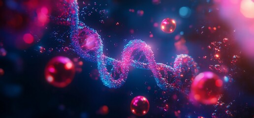Poster - Abstract representation of DNA strands with colorful particles and light effects.