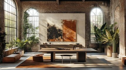 Poster - Modern Industrial Interior Space with Greenery and Artwork