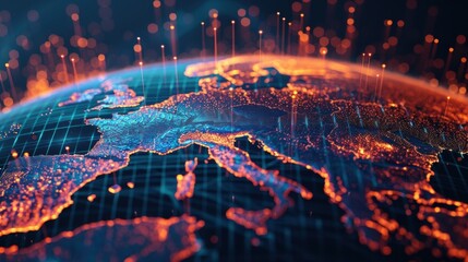 Poster - Data streams flowing between european countries, illuminating planet earth with vibrant orange and blue lights, symbolizing global connectivity and big data exchange