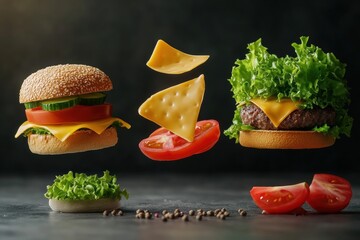 Poster - A burger's fresh lettuce, juicy tomato, cheese, and sesame buns are suspended in mid-air, showcasing appetizing details. Generative AI