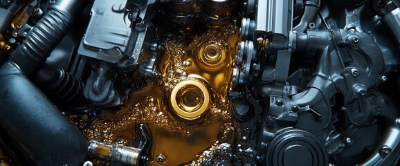 Poster - Close-up of an engine with oil, showcasing mechanical components and maintenance.