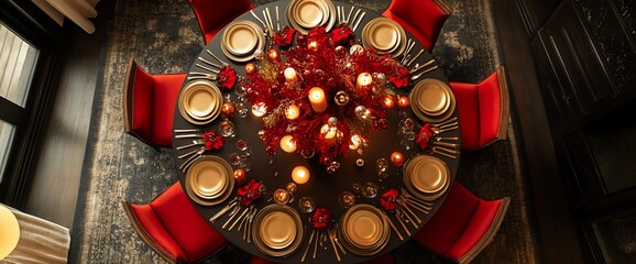 Poster - Elegant dining setup with red accents and candles for a festive occasion.