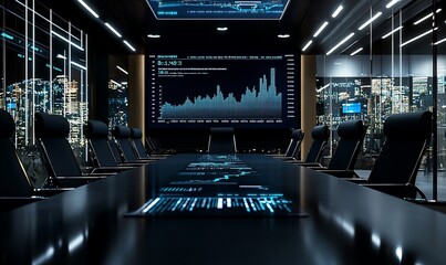 Poster - Modern conference room with digital display and city view.