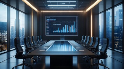 Poster - Modern conference room with digital display and city skyline view.