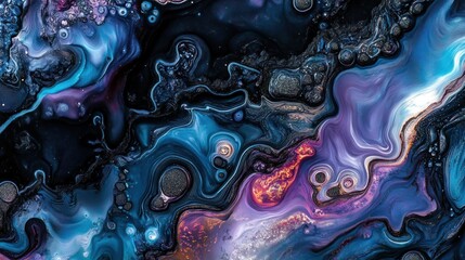 Wall Mural - Abstract swirling fluid acrylic paint texture in vibrant blues, purples, and oranges.