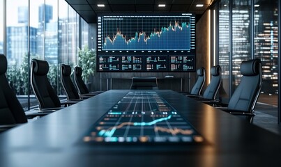 Poster - Modern conference room with financial data displayed on screens.