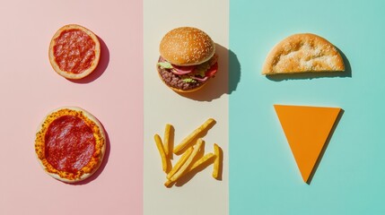 Poster - Silhouetted representations of burgers, pizza slices, and fries are artistically arranged on contrasting pastel backgrounds, creating a fun visual. Generative AI