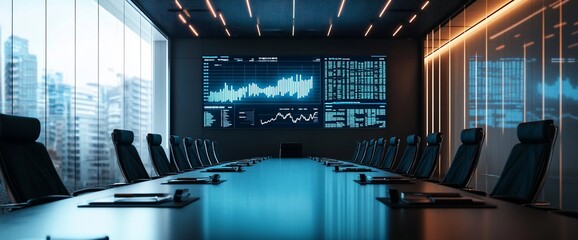 Poster - Modern conference room with digital displays and city view.