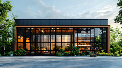 Aufkleber - Modern architectural design featuring large glass windows and greenery.