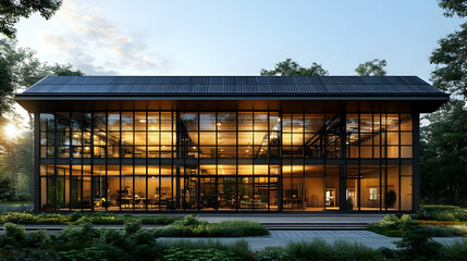 Aufkleber - Modern glass building with solar panels, surrounded by greenery, showcasing sustainable design.