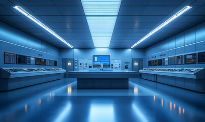 Poster - A modern control room with blue lighting and multiple control panels.