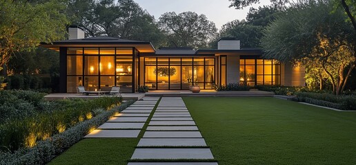 Aufkleber - Modern home exterior with landscaped garden and warm evening lighting.
