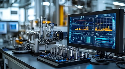 Poster - A high-tech workspace with machinery and a data-monitoring screen for industrial processes.
