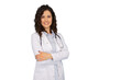 © PeopleVideos - Portrait of a focused Latina female doctor in a white coat