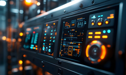 Poster - A close-up view of a high-tech control panel with illuminated displays and buttons.