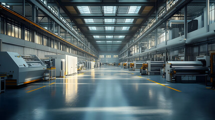 Poster - Spacious industrial facility with machinery and bright lighting for manufacturing processes.